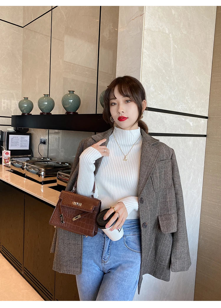 FatyBelle Women’s Striped Sweater – Autumn Winter Long Sleeve O-Neck Pullover