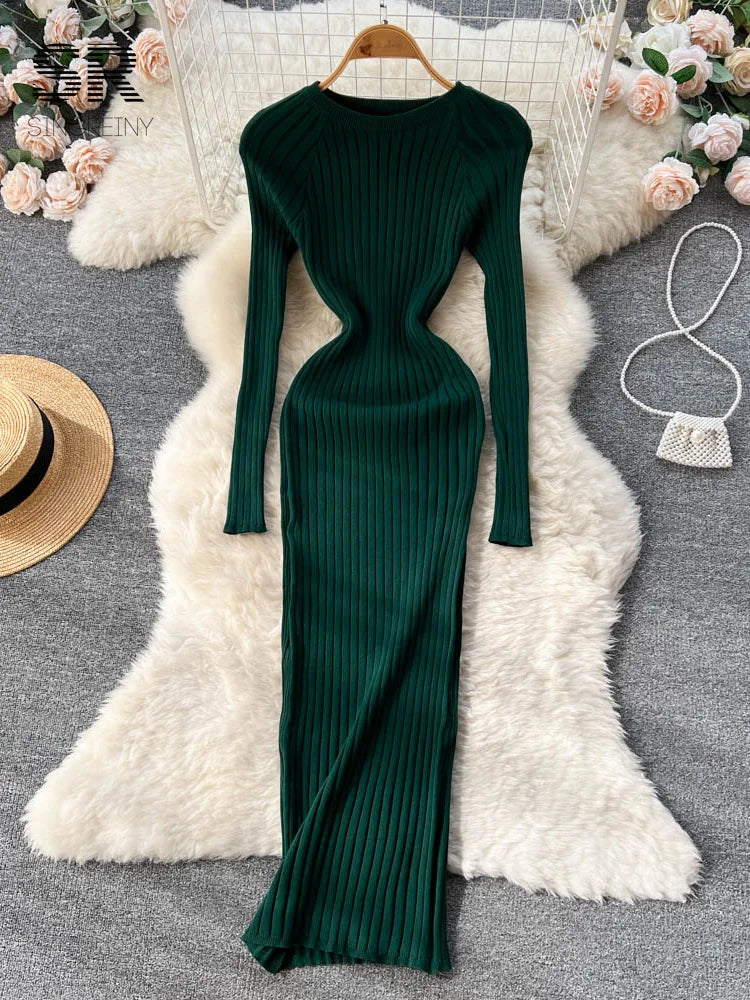 SINGREINY Women's Elegant Knit Maxi Dress – Slim Fit Long Sleeve Sweater Dress for Autumn & Winter