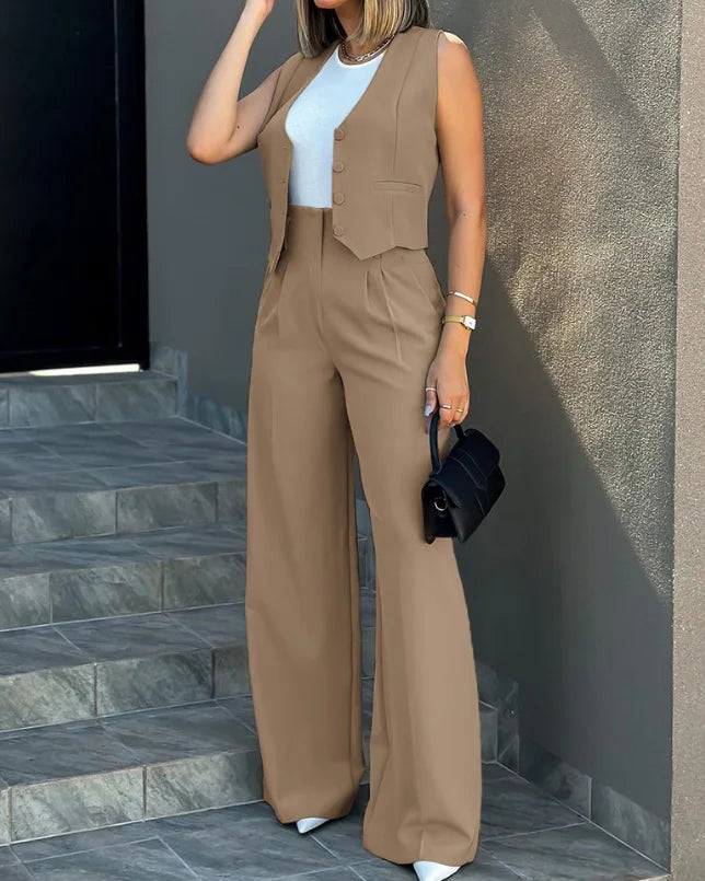 Elegant Two-Piece Set for Women – Button-Up Sleeveless Vest Top & High-Waist Wide-Leg Pants with Pockets | Chic Casual Outfit for Work or Everyday Style