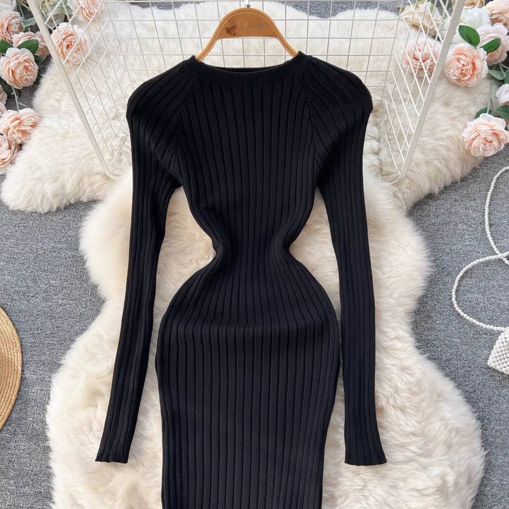 SINGREINY Women's Elegant Knit Maxi Dress – Slim Fit Long Sleeve Sweater Dress for Autumn & Winter
