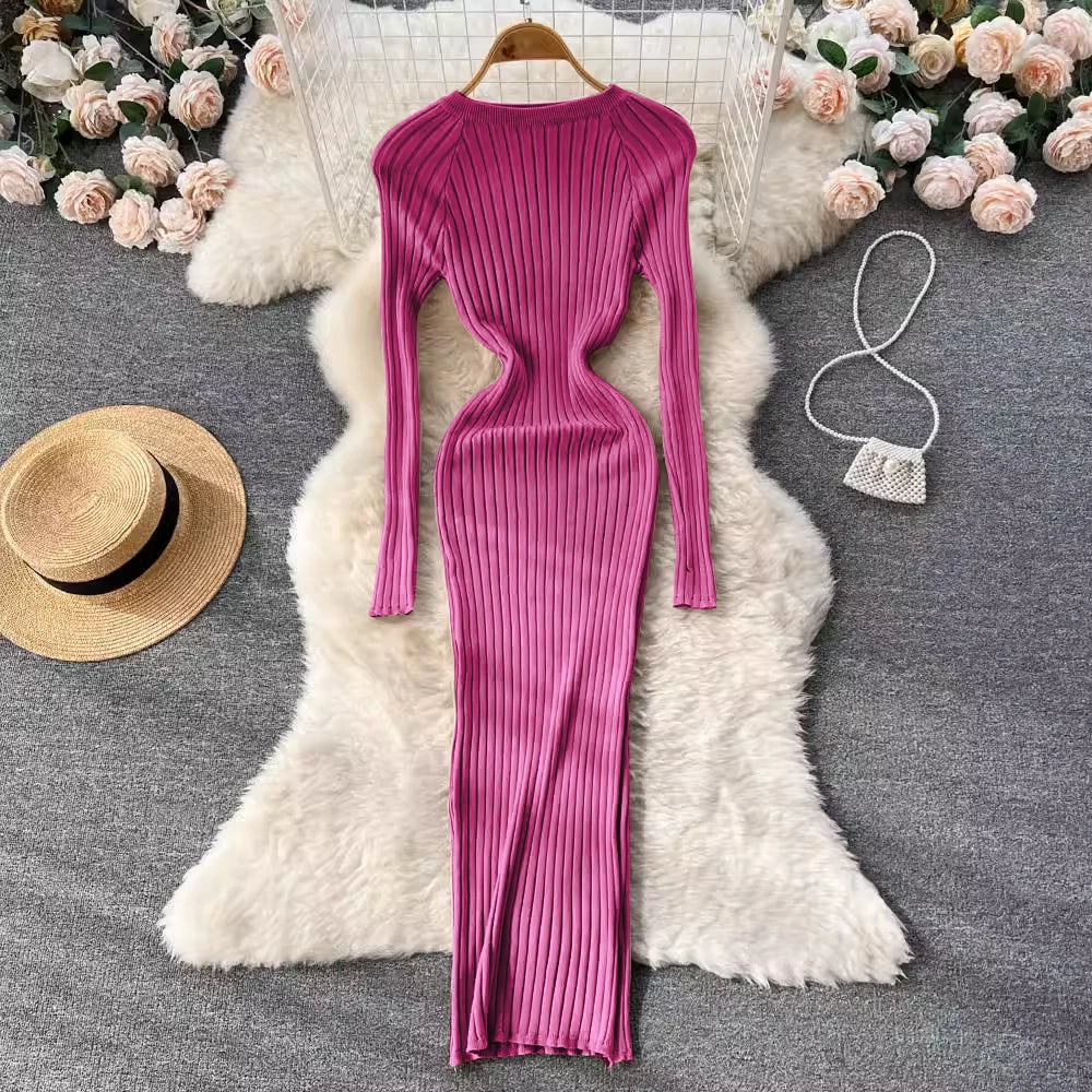 SINGREINY Women's Elegant Knit Maxi Dress – Slim Fit Long Sleeve Sweater Dress for Autumn & Winter