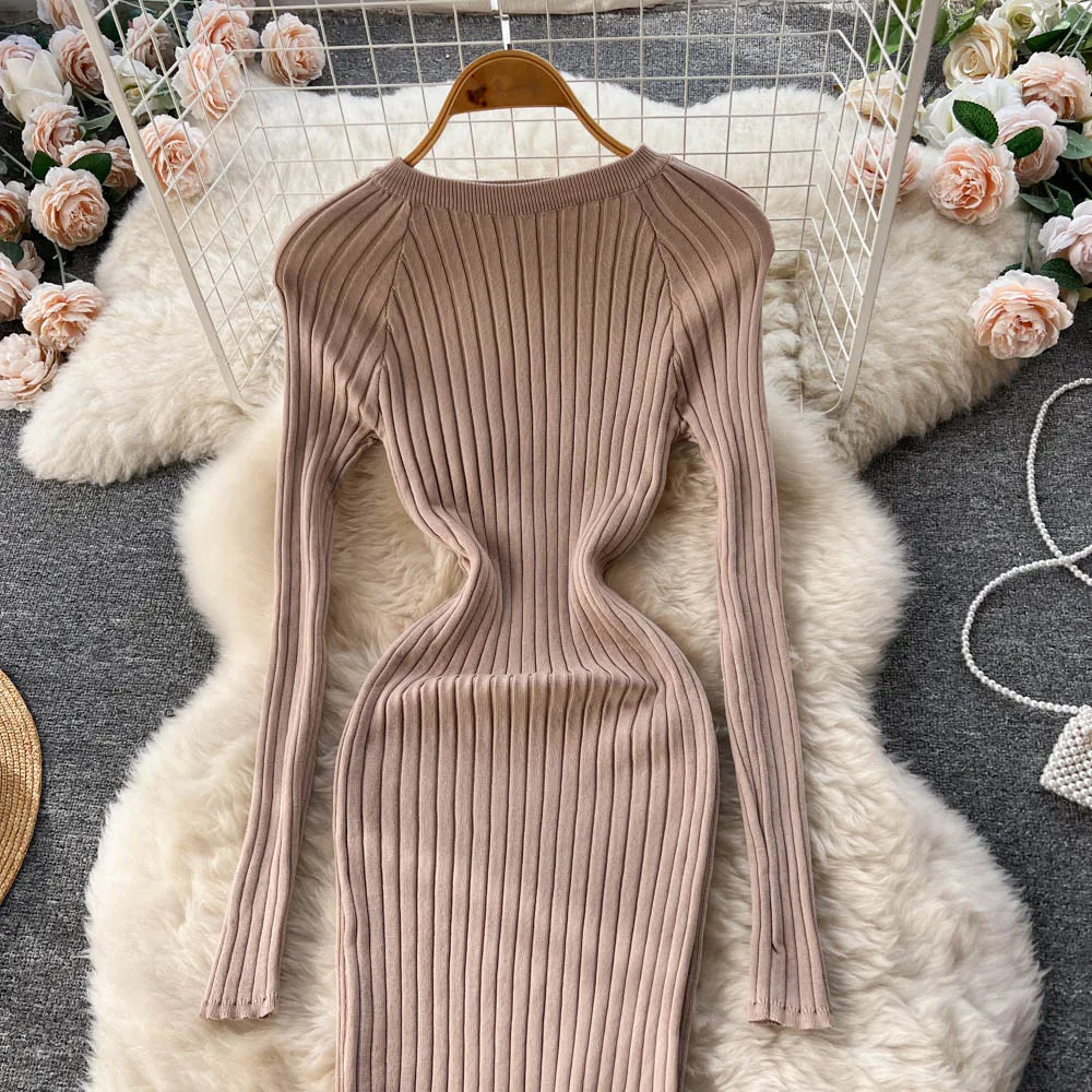 SINGREINY Women's Elegant Knit Maxi Dress – Slim Fit Long Sleeve Sweater Dress for Autumn & Winter