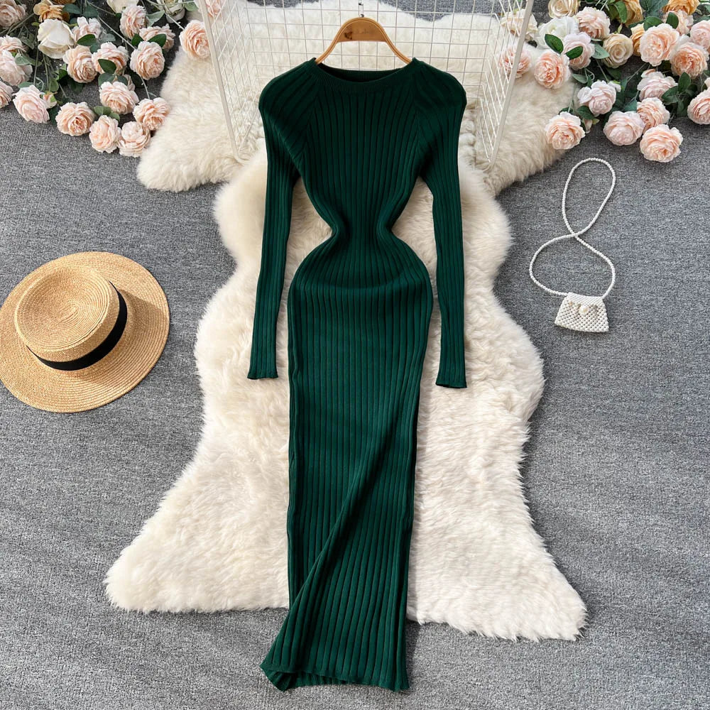 SINGREINY Women's Elegant Knit Maxi Dress – Slim Fit Long Sleeve Sweater Dress for Autumn & Winter