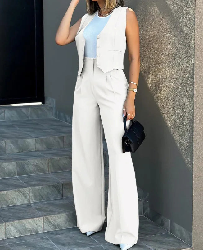 Elegant Two-Piece Set for Women – Button-Up Sleeveless Vest Top & High-Waist Wide-Leg Pants with Pockets | Chic Casual Outfit for Work or Everyday Style