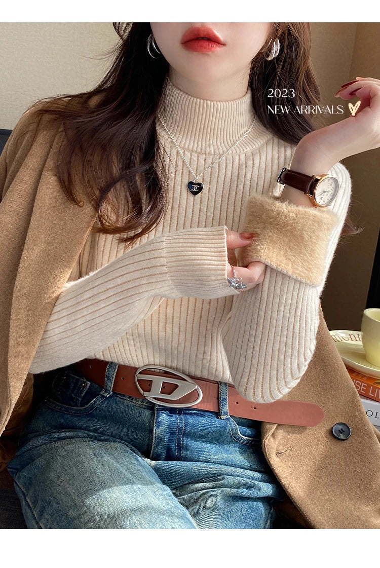 Women's Retro Turtleneck Sweater – Autumn & Winter 2025 Collection | Thickened Thermal Knit with Velvet Lining | Cozy Pullovers & Layering Tops