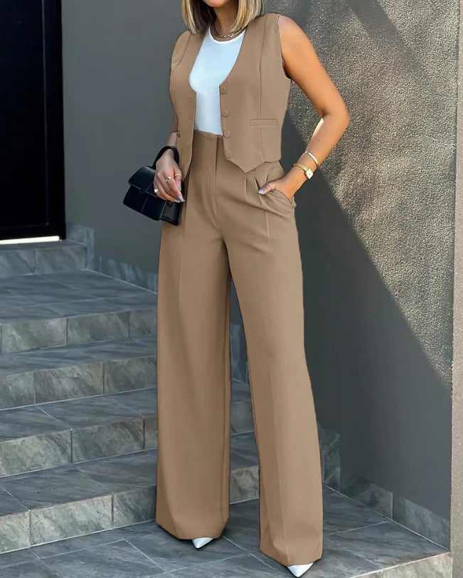 Elegant Two-Piece Set for Women – Button-Up Sleeveless Vest Top & High-Waist Wide-Leg Pants with Pockets | Chic Casual Outfit for Work or Everyday Style