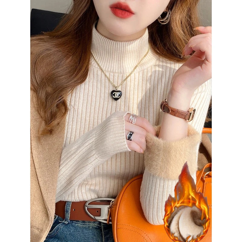 Women's Retro Turtleneck Sweater – Autumn & Winter 2025 Collection | Thickened Thermal Knit with Velvet Lining | Cozy Pullovers & Layering Tops