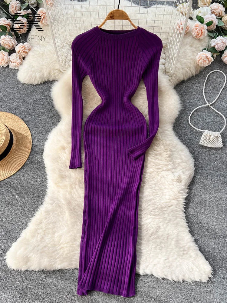 SINGREINY Women's Elegant Knit Maxi Dress – Slim Fit Long Sleeve Sweater Dress for Autumn & Winter