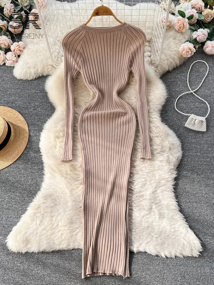 SINGREINY Women's Elegant Knit Maxi Dress – Slim Fit Long Sleeve Sweater Dress for Autumn & Winter