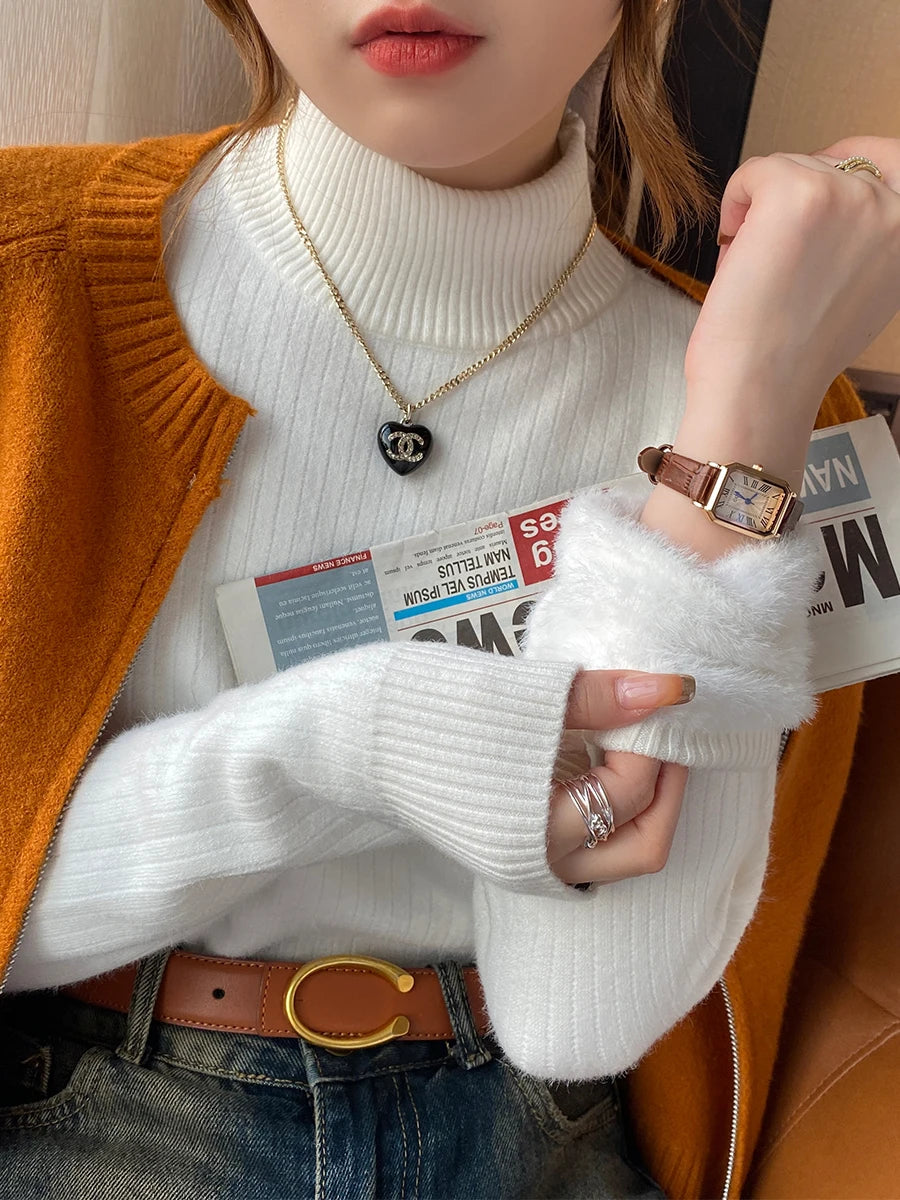 Women's Retro Turtleneck Sweater – Autumn & Winter 2025 Collection | Thickened Thermal Knit with Velvet Lining | Cozy Pullovers & Layering Tops