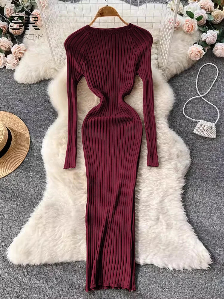 SINGREINY Women's Elegant Knit Maxi Dress – Slim Fit Long Sleeve Sweater Dress for Autumn & Winter