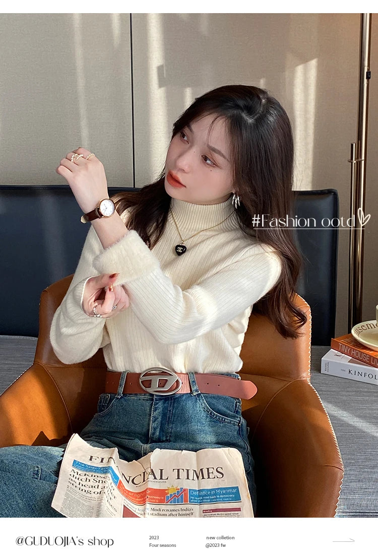 Women's Retro Turtleneck Sweater – Autumn & Winter 2025 Collection | Thickened Thermal Knit with Velvet Lining | Cozy Pullovers & Layering Tops