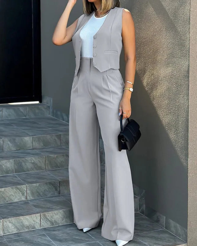 Elegant Two-Piece Set for Women – Button-Up Sleeveless Vest Top & High-Waist Wide-Leg Pants with Pockets | Chic Casual Outfit for Work or Everyday Style