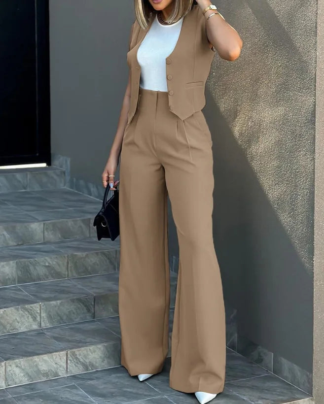 Elegant Two-Piece Set for Women – Button-Up Sleeveless Vest Top & High-Waist Wide-Leg Pants with Pockets | Chic Casual Outfit for Work or Everyday Style