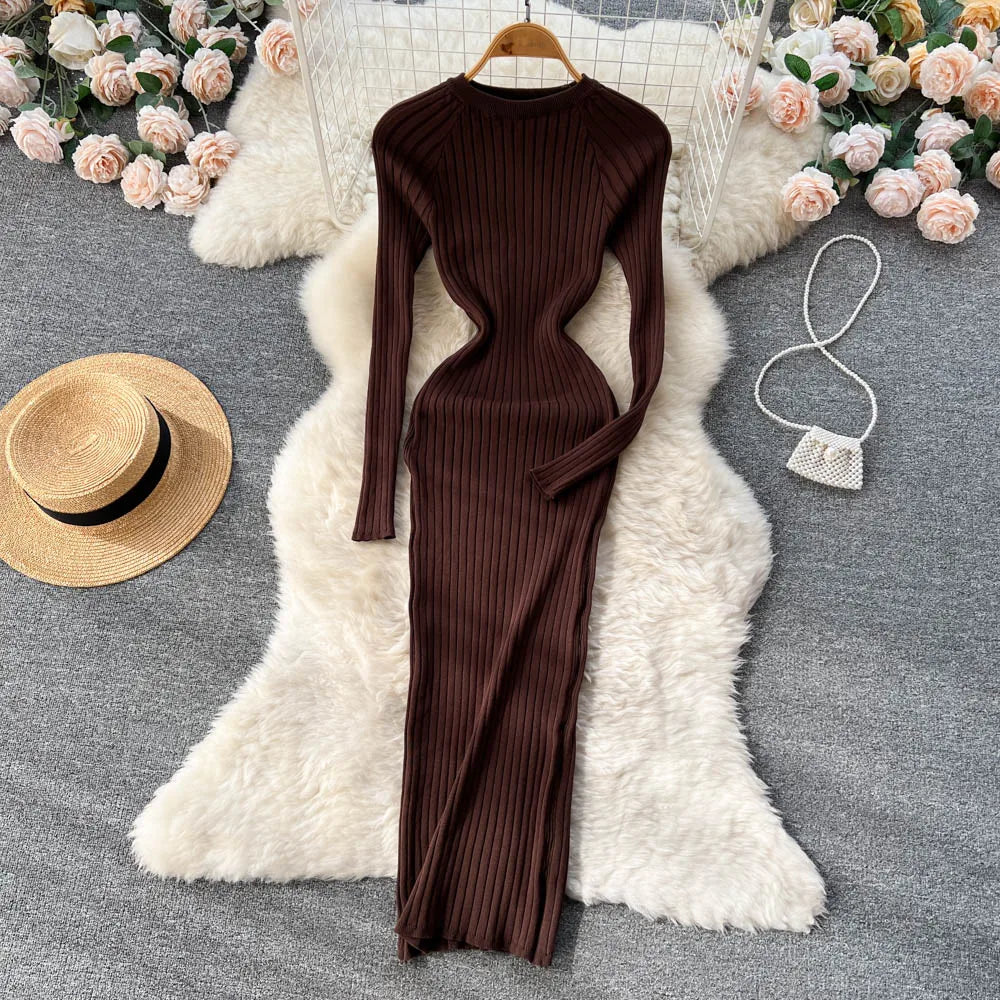 SINGREINY Women's Elegant Knit Maxi Dress – Slim Fit Long Sleeve Sweater Dress for Autumn & Winter