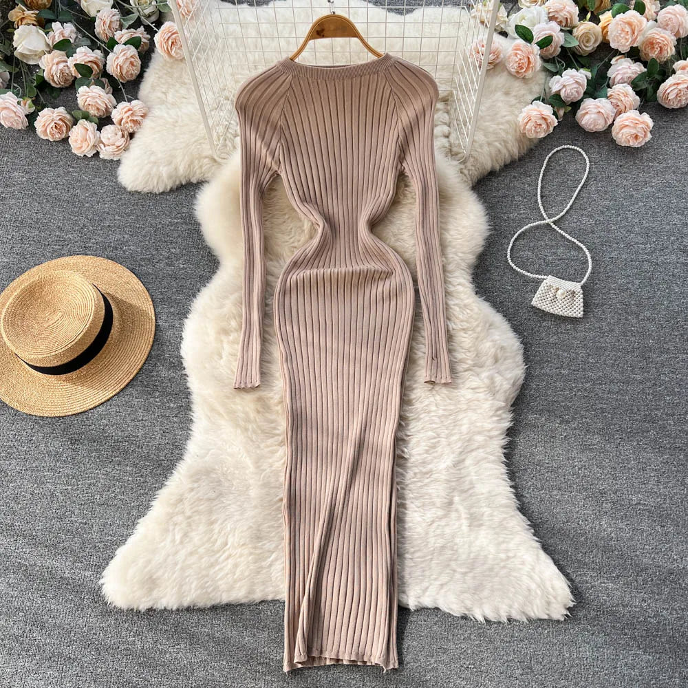 SINGREINY Women's Elegant Knit Maxi Dress – Slim Fit Long Sleeve Sweater Dress for Autumn & Winter
