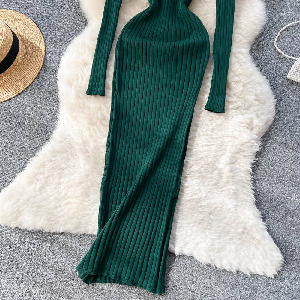 SINGREINY Women's Elegant Knit Maxi Dress – Slim Fit Long Sleeve Sweater Dress for Autumn & Winter