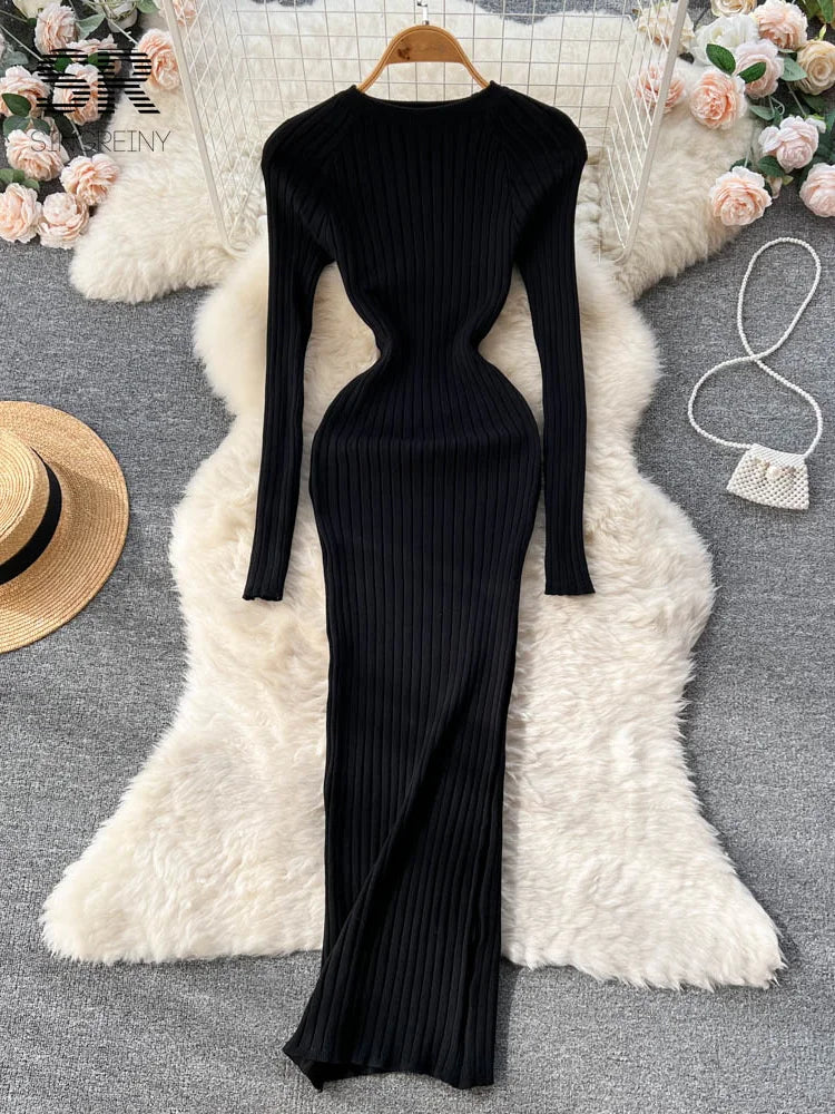 SINGREINY Women's Elegant Knit Maxi Dress – Slim Fit Long Sleeve Sweater Dress for Autumn & Winter