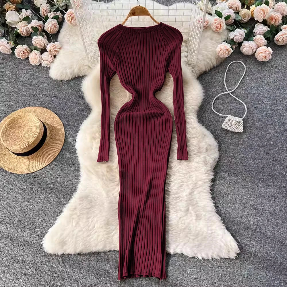 SINGREINY Women's Elegant Knit Maxi Dress – Slim Fit Long Sleeve Sweater Dress for Autumn & Winter
