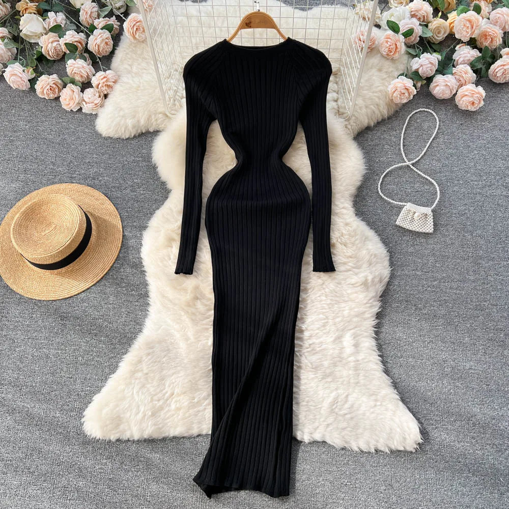 SINGREINY Women's Elegant Knit Maxi Dress – Slim Fit Long Sleeve Sweater Dress for Autumn & Winter