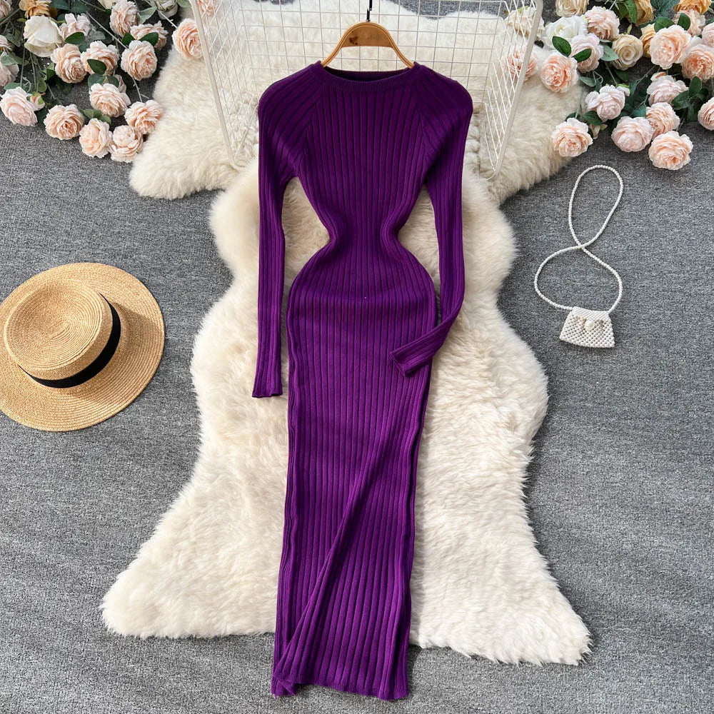 SINGREINY Women's Elegant Knit Maxi Dress – Slim Fit Long Sleeve Sweater Dress for Autumn & Winter
